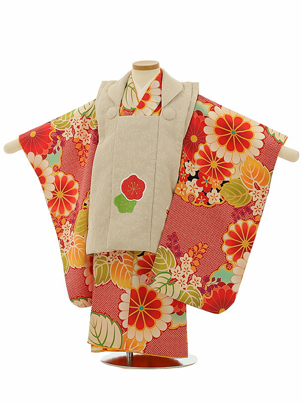 七五三 着物 3歳 レンタル 七五三 3歳 被布 セット 4107ベージュ刺繍菊x赤地疋田柄菊桐 女の子 七五三レンタル 3歳 女児 被布 七五三 三歳女児 被...