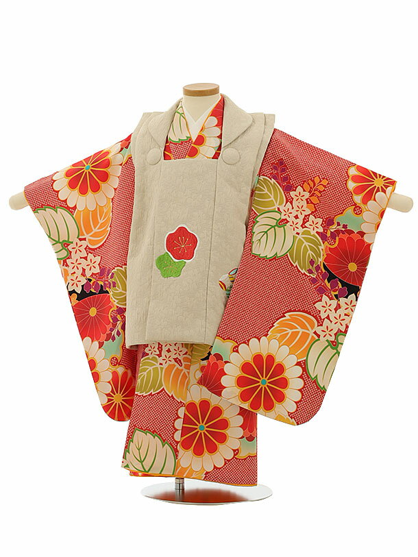 七五三 着物 3歳 レンタル 七五三 3歳 被布 セット 4108ベージュ刺繍菊x赤地疋田柄菊桐 女の子 七五三レンタル 3歳 女児 被布 七五三 三歳女児 被...