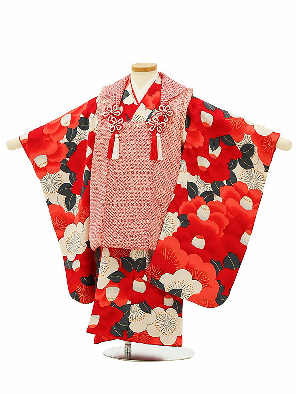 七五三 着物 3歳 レンタル 七五三 3歳 被布 セット 【正絹】4126赤地絞りx赤椿白梅 女の子 七五三レンタル 3歳 女児 被布 七五三 三歳女児 被布コ...