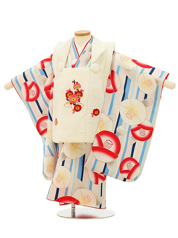七五三 着物 3歳 レンタル 七五三 3歳 被布 セット 4136白刺繍梅xうすピンクブルーストライプ椿 女の子 七五三レンタル 3歳 女児 被布 七五三 三歳...