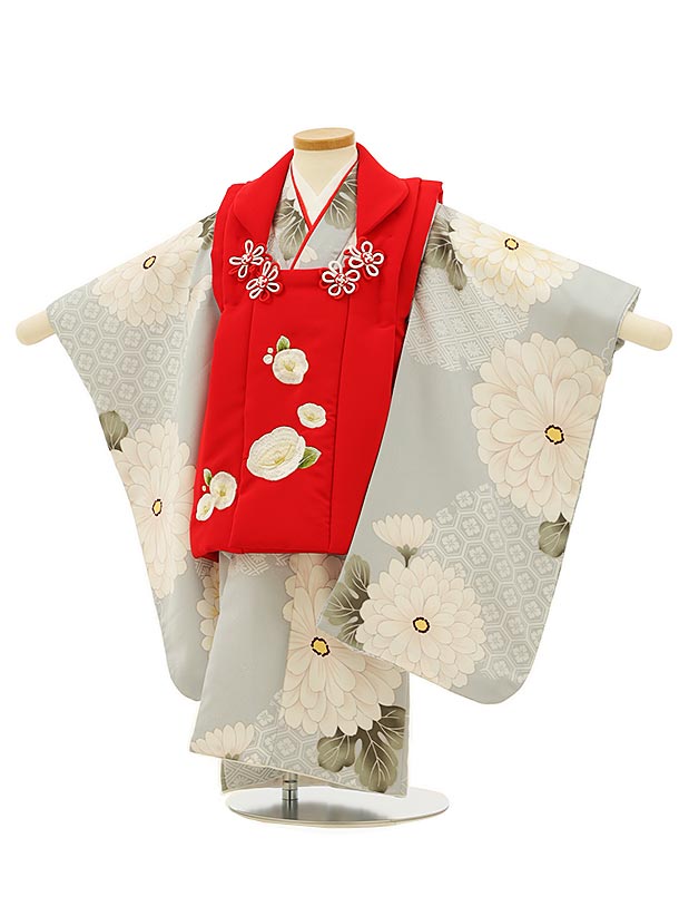 七五三 着物 3歳 レンタル 七五三 3歳 被布 セット 4143赤地刺繍椿xグレー大菊 女の子 七五三レンタル 3歳 女児 被布 七五三 三歳女児 被布コート...