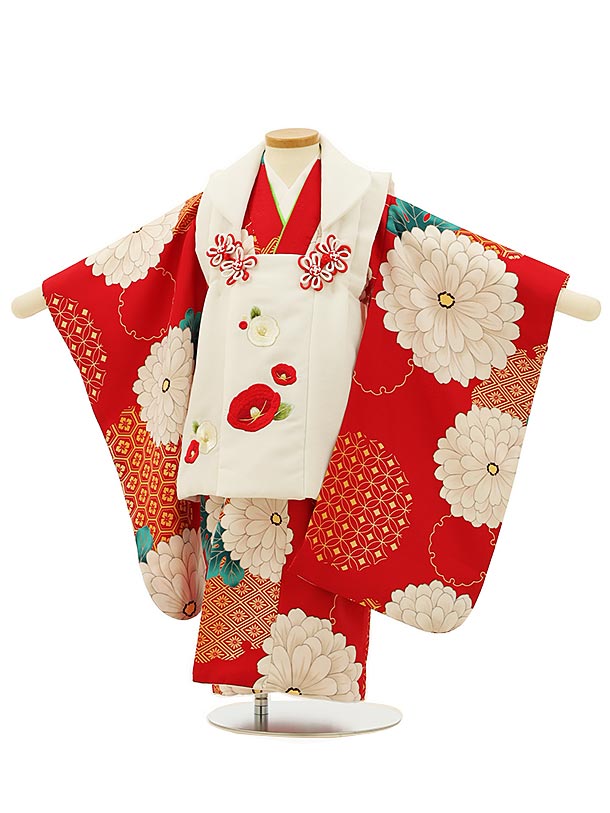 七五三 着物 3歳 レンタル 七五三 3歳 被布 セット 4144白地刺繍椿x赤大菊 女の子 七五三レンタル 3歳 女児 被布 七五三 三歳女児 被布コート 子...