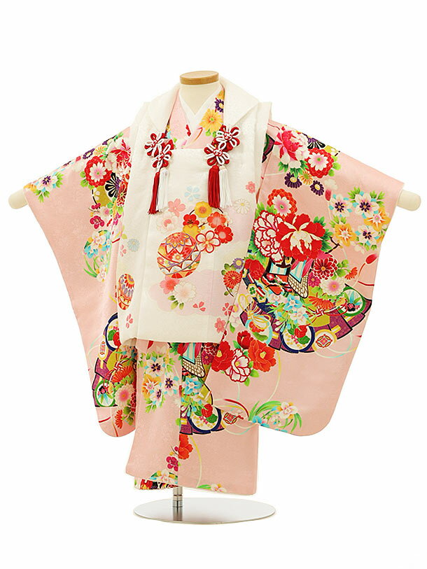 七五三 着物 3歳 レンタル 七五三 3歳 被布 セット 【正絹】4157白まり花丸xピンク扇御所車ぼたん 女の子 七五三レンタル 3歳 女児 被布 七五三 三...