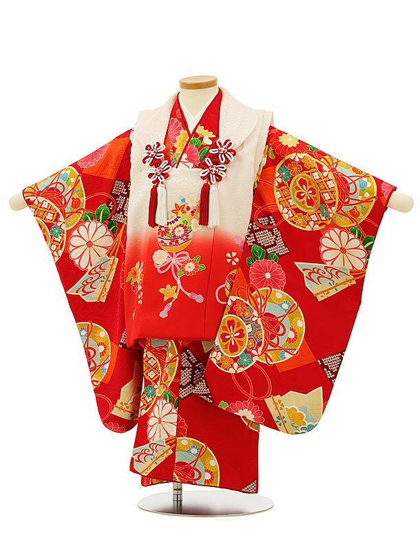 七五三 着物 3歳 レンタル 七五三 3歳 被布 セット 【正絹】4162白地ぼかし鈴x赤地扇鼓 女の子 七五三レンタル 3歳 女児 被布 七五三 三歳女児 被...