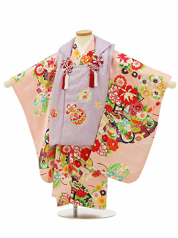 七五三 着物 3歳 レンタル 七五三 3歳 被布 セット 【正絹】4164薄紫地まりxピンク扇御所車ぼたん 女の子 七五三レンタル 3歳 女児 被布 七五三 三...