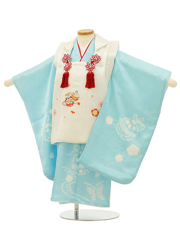 七五三 着物 3歳 レンタル 七五三 3歳 被布 セット 【正絹】4183白鈴梅x水色鈴と蝶 女の子 七五三レンタル 3歳 女児 被布 七五三 三歳女児 被布コ...