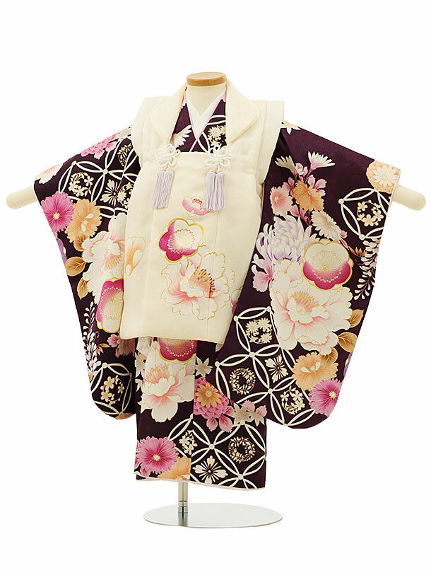 七五三 着物 3歳 レンタル 七五三 3歳 被布 セット 4198 オフホワイト梅牡丹x濃パープル梅牡丹菊 女の子 七五三レンタル 3歳 女児 被布 七五三 三...