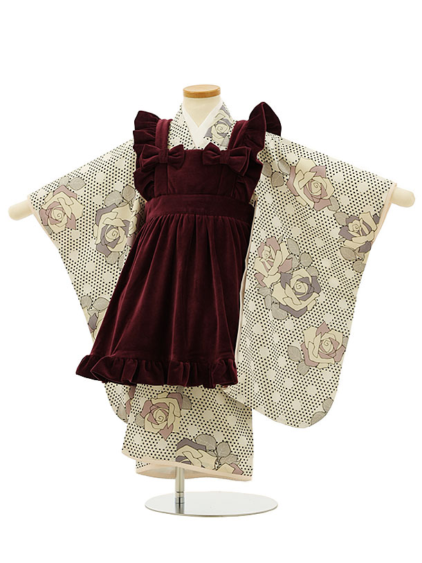 七五三 着物 3歳 レンタル 七五三 3歳 被布 セット 4203 シュセット ベルベット調ワインエプロンxオフホワイトバラ 女の子 七五三レンタル 3歳 女児...