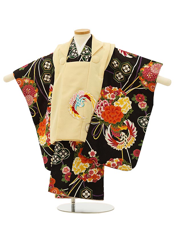 七五三 着物 3歳 レンタル 七五三 3歳 被布 セット 4219花わらべ 薄黄色刺繍鶴×こげ茶鶴薬