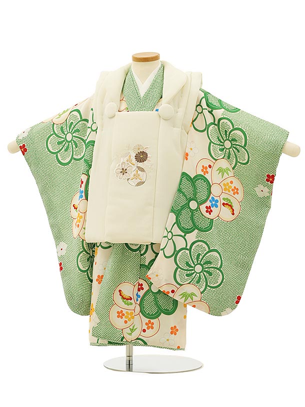 七五三 着物 3歳 レンタル 七五三 3歳 被布 セット 4230オフホワイト刺繍菊梅×緑ねじり梅 女の子 七五三レンタル 3歳 女児 被布 七五三 三歳女児 ...