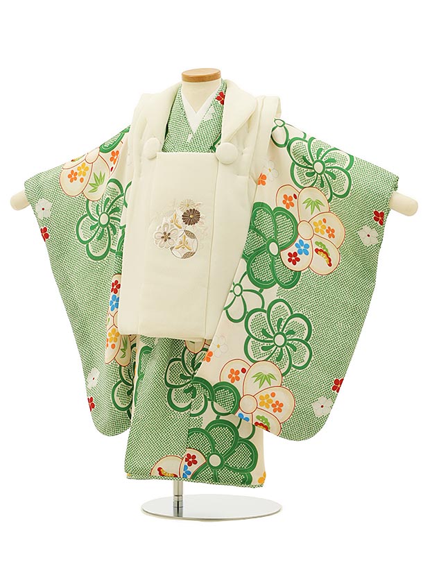 七五三 着物 3歳 レンタル 七五三 3歳 被布 セット 4231オフホワイト刺繍菊梅×緑ねじり梅 女の子 七五三レンタル 3歳 女児 被布 七五三 三歳女児 ...