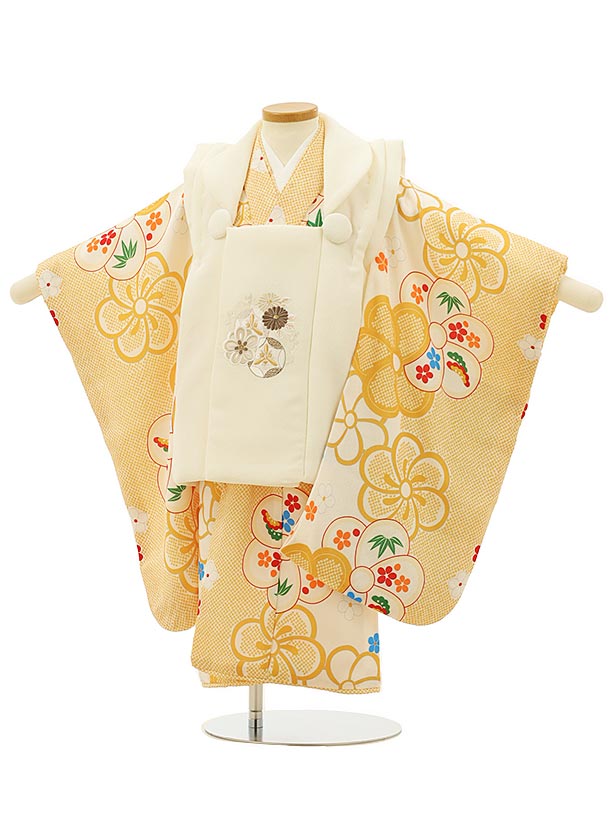 七五三 着物 3歳 レンタル 七五三 3歳 被布 セット 4232オフホワイト刺繍菊梅×からしねじり梅 女の子 七五三レンタル 3歳 女児 被布 七五三 三歳女...