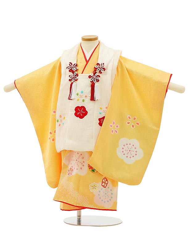 七五三 着物 3歳 レンタル 七五三 3歳 被布 セット 4235【正絹】 白地 梅×黄色 刺繍 鈴 女の子 七五三レンタル 3歳 女児 被布 七五三 三歳女児...