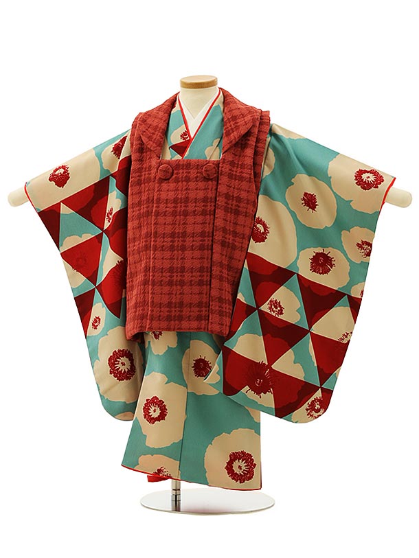七五三 着物 3歳 レンタル 七五三 3歳 被布 セット 4246赤チェック×水色ポピー 女の子 七五三レンタル 3歳 女児 被布 七五三 三歳女児 被布コート...