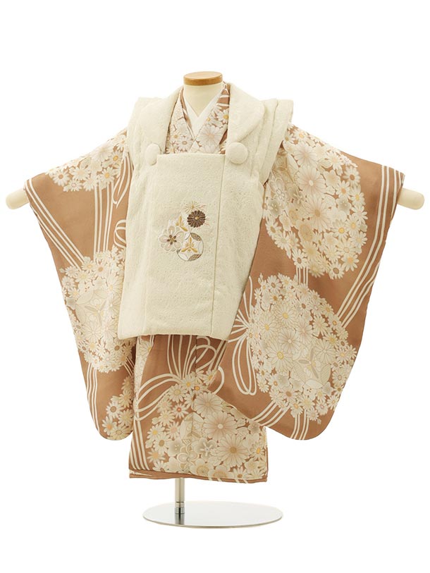 七五三 着物 3歳 レンタル 七五三 3歳 被布 セット 4250アイボリー刺繍梅菊×モカ茶薬玉 女の子 七五三レンタル 3歳 女児 被布 七五三 三歳女児 被...
