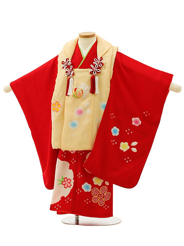 七五三 着物 3歳 レンタル 七五三 3歳 被布 セット 4257【正絹】うすオレンジ×赤刺繍まり梅桜 女の子 七五三レンタル 正絹 3歳 女児 被布 七五三 ...