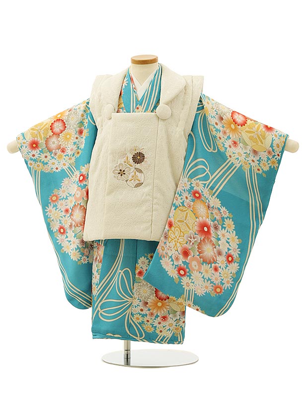 七五三 着物 3歳 レンタル 七五三 3歳 被布 セット 4263アイボリー刺繍梅菊×水色薬玉 女の子 七五三レンタル 3歳 女児 被布 七五三 三歳女児 被布...