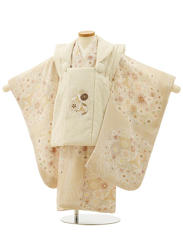 七五三 着物 3歳 レンタル 七五三 3歳 被布 セット 4264アイボリー刺繍梅菊×ベージュ薬玉 女の子 七五三レンタル 3歳 女児 被布 七五三 三歳女児 ...