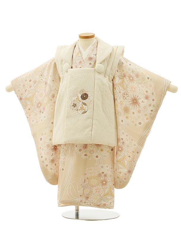 七五三 着物 3歳 レンタル 七五三 3歳 被布 セット 4264アイボリー刺繍梅菊×ベージュ薬玉 女の子 七五三レンタル 3歳 女児 被布 七五三 三歳女児 被布コート 子供 お祝い着 正月 3歳 3才 きものレンタル 新品足袋プレゼント 往復送料無料【レンタル】 2