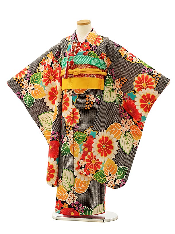 七五三 着物 7歳 フルセット レンタル 女の子 Y024　黒地疋田柄　菊桐 753 子ども お祝い着 正月 7才 七才 七歳 女児 フルセットレンタル 7歳着...