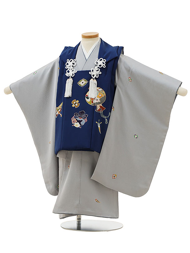 被布 レンタル 男児 七五三 被布 着物 レンタル 七五三 2929【正絹】紺小槌吉祥文様×グレー小紋 3歳男の子 七五三 男児 着物 3歳 子供 きもの 被布...