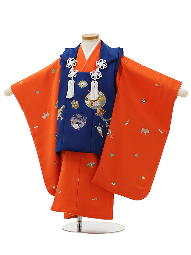被布 レンタル 男児 七五三 被布 着物 レンタル 七五三 2954【正絹】ブルー小槌吉祥文様×オレンジ吉祥文様 3歳男の子 七五三 男児 着物 3歳 子供 き...