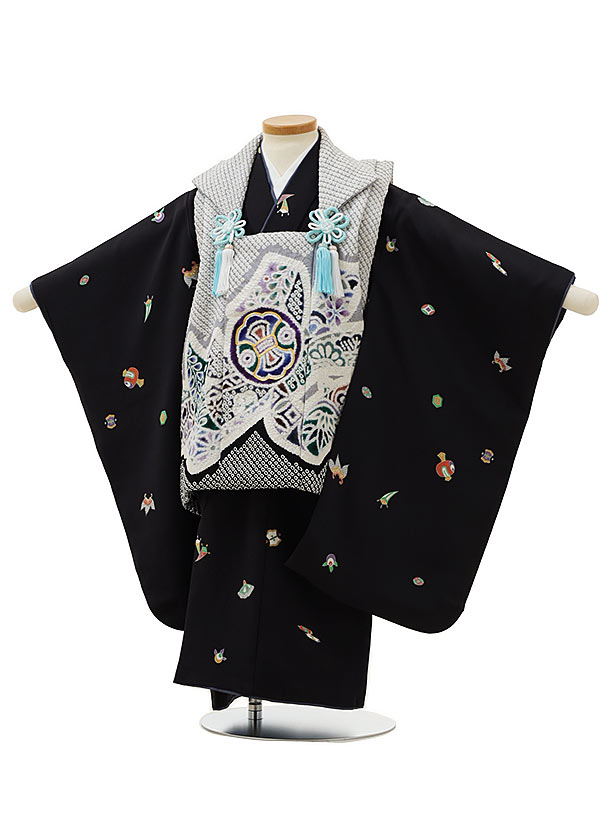 被布 レンタル 男児 七五三 被布 着物 レンタル 七五三 2956【正絹】グレー絞り束ね熨斗×黒吉祥文様 3歳男の子 七五三 男児 着物 3歳 子供 きもの ...