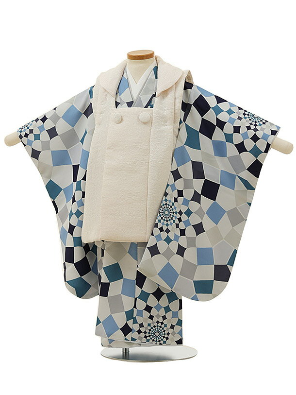 被布 レンタル 男児 七五三 被布 着物 レンタル 七五三 2986クリーム×グレージュブルー万華鏡 3歳男の子 七五三 男児 着物 3歳 子供 きもの 被布 ...