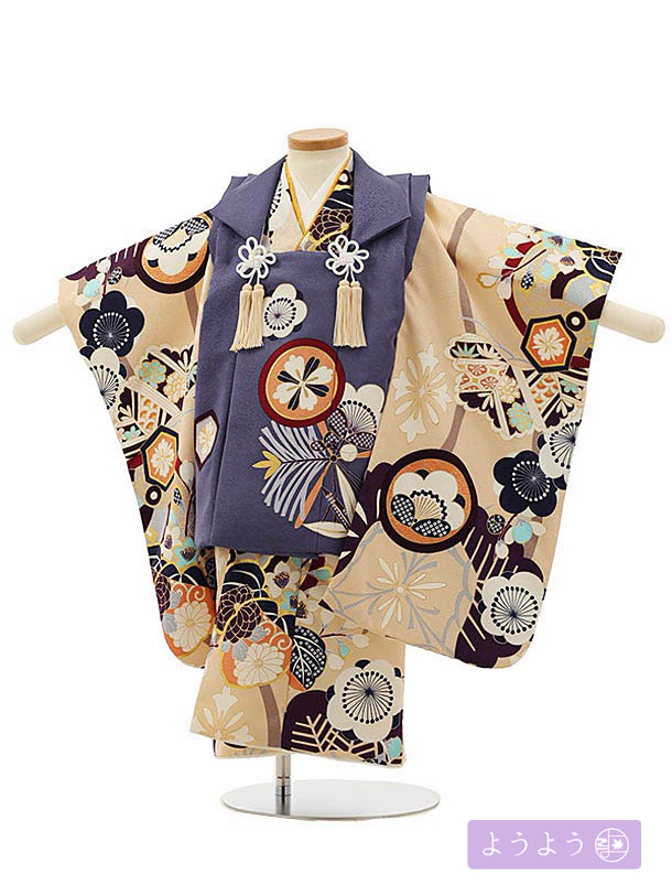 七五三 着物 3歳 男の子 被布 レンタル 男児 七五三 着物 七五三レンタル O016 【ようよう】 丸紋に松竹梅の桐ベージュ 3歳 3才 3歳男の子 男児 ...