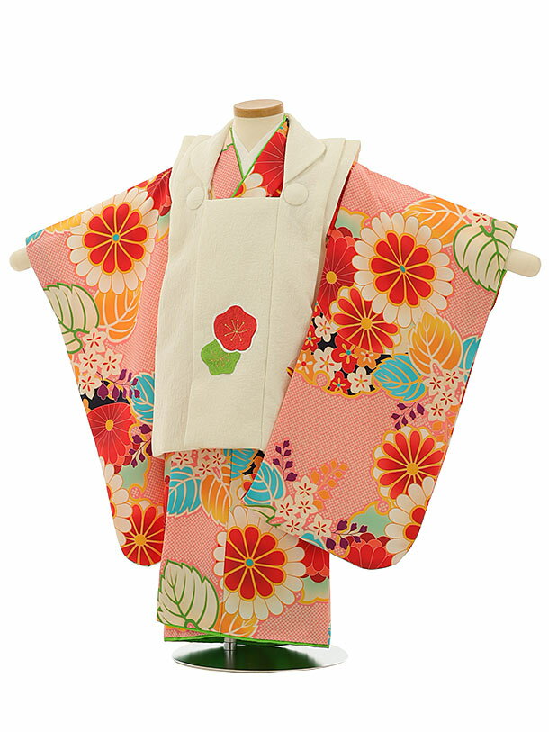 七五三 着物 3歳 レンタル 七五三 3歳 被布 セット 4113オフホワイト刺繍梅xピンク疋田柄菊桐 女の子 七五三レンタル 3歳 女児 被布 七五三 三歳女...