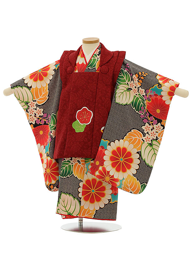 七五三 着物 3歳 レンタル 七五三 3歳 被布 セット 4114ボルドー刺繍梅x黒疋田柄菊桐 女の子 七五三レンタル 3歳 女児 被布 七五三 三歳女児 被布...