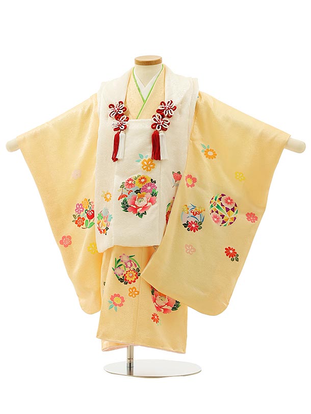 七五三 着物 3歳 レンタル 七五三 3歳 被布 セット 4253【正絹】白×たまご色牡丹花 女の子 七五三レンタル 正絹 3歳 女児 被布 七五三 三歳女児 ...