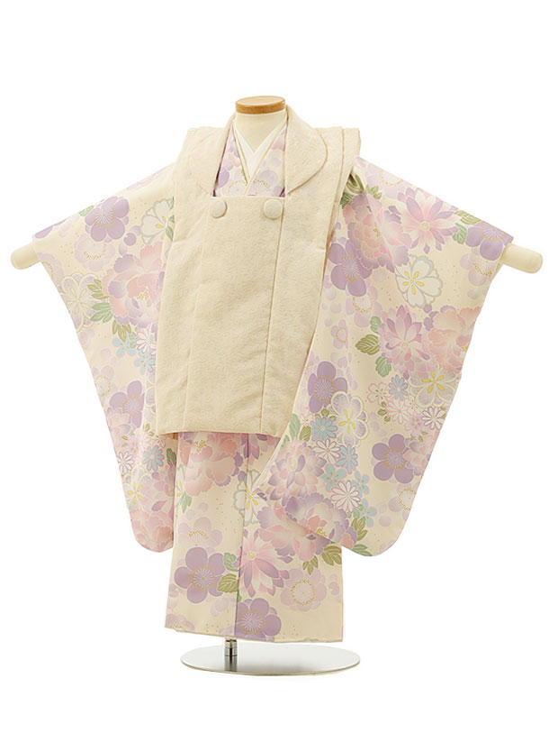 七五三 着物 3歳 レンタル 七五三 3歳 被布 セット 4268ベージュ×クリームパープル花づくし 女の子 七五三レンタル 3歳 女児 被布 七五三 三歳女児...