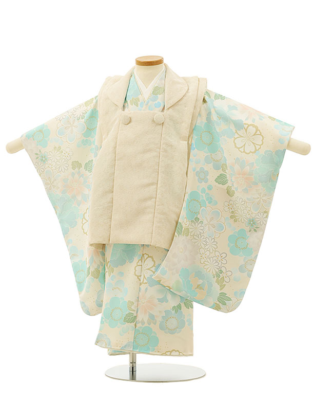 七五三 着物 3歳 レンタル 七五三 3歳 被布 セット 4269ベージュ×クリーム水色花づくし 女の子 七五三レンタル 3歳 女児 被布 七五三 三歳女児 被...