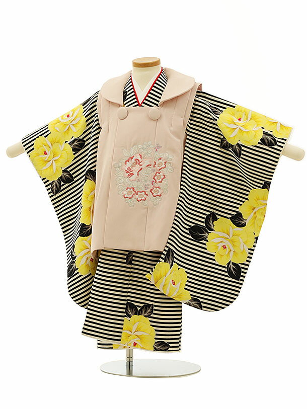 七五三 着物 3歳 レンタル 七五三 3歳 被布 セット 4276薄ピンク刺繍花×黒ストライプバラ 女の子 七五三レンタル 3歳 女児 被布 七五三 三歳女児 ...