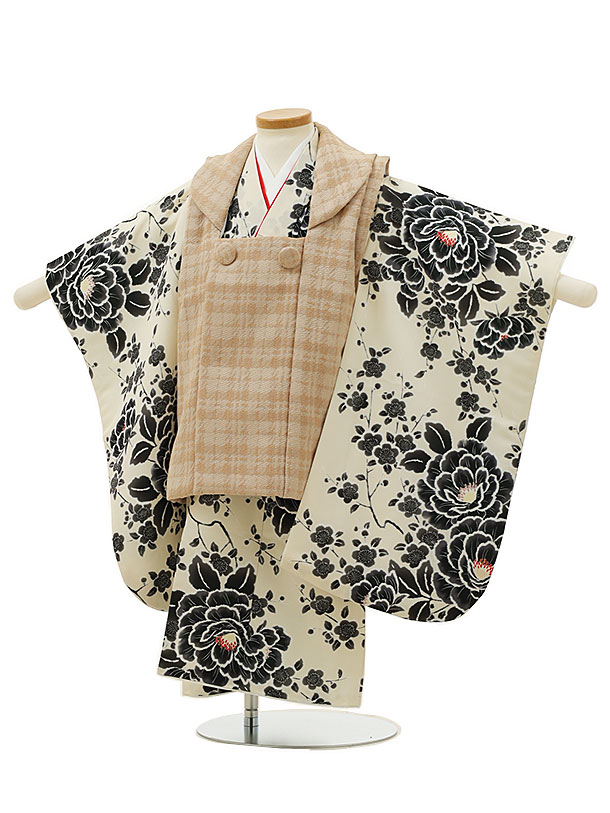 七五三 着物 3歳 レンタル 七五三 3歳 被布 セット 4280ベージュチェック×アイボリー八重椿 女の子 七五三レンタル 3歳 女児 被布 七五三 三歳女児...