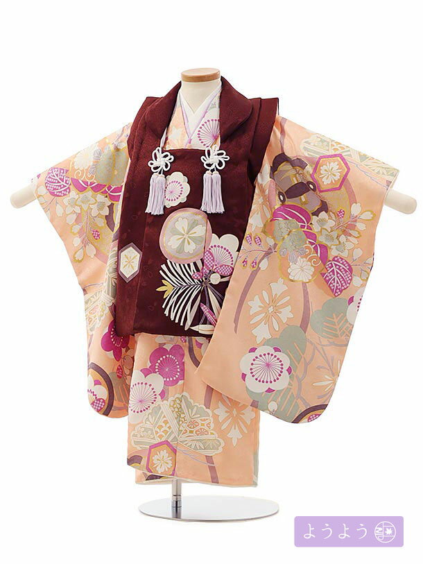 七五三 着物 3歳 レンタル 七五三 3歳 被布 セット O021 【ようよう】 丸紋に松竹梅の桐サーモンピンク×茶 女の子 七五三レンタル 3歳 女児 被布 ...