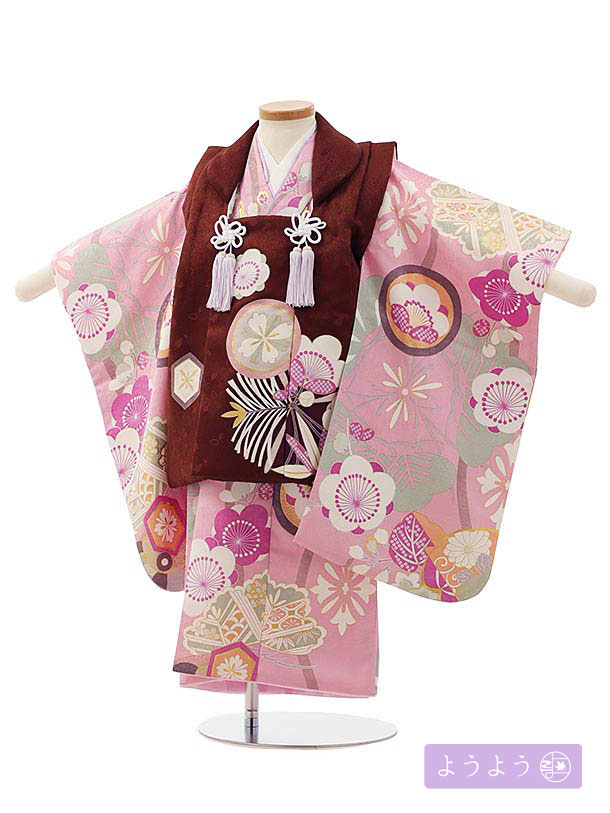 七五三 着物 3歳 レンタル 七五三 3歳 被布 セット O024 【ようよう】 丸紋に松竹梅の桐ピンク×茶 女の子 七五三レンタル 3歳 女児 被布 七五三 ...