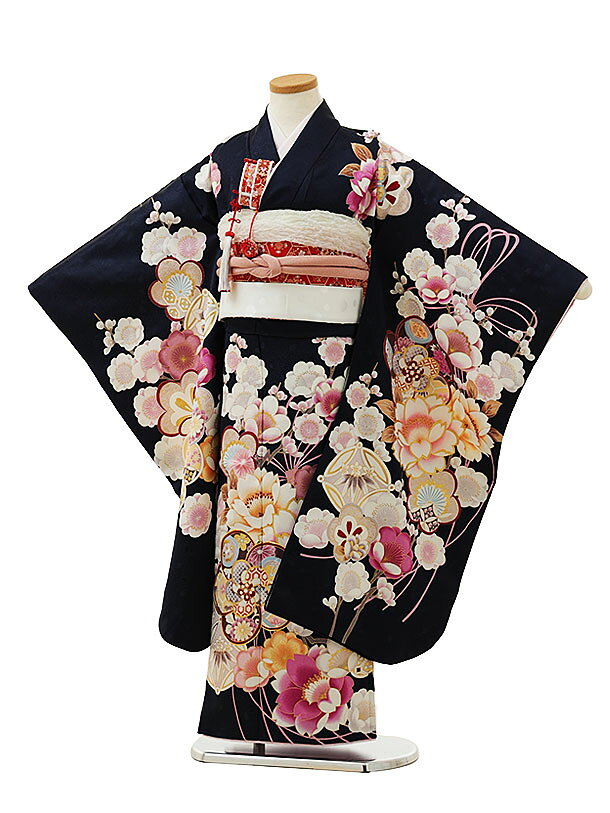 Kimono Set （Girls） - 七五三 着物 7歳 フルセット レンタル 女の子 Y060　紺地 雲取り牡丹 753 子ども お祝い着 正月 7才 七才 七歳 女児 フルセットレンタル 7歳着物フルセット きものレンタル 新品足袋プレゼント 往復送料無料【レンタル】
