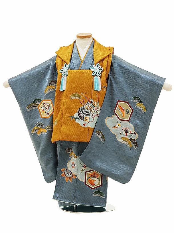 被布 レンタル 男児 七五三 被布 着物 レンタル 七五三 W070【正絹】からし色兜xグレー吉祥文様 3歳男の子 七五三 男児 着物 3歳 子供 きもの 被布...