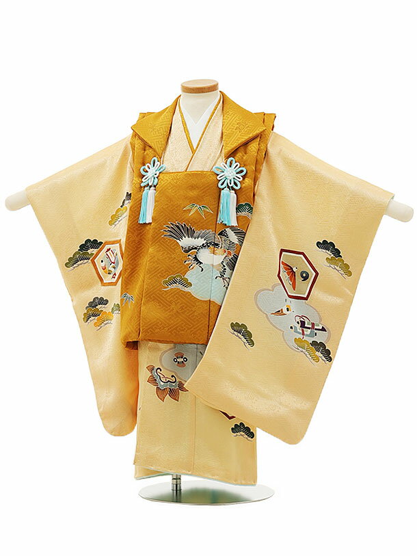 被布 レンタル 男児 七五三 被布 着物 レンタル 七五三 W072【正絹】からし色鷹xうす黄色吉祥文様 3歳男の子 七五三 男児 着物 3歳 子供 きもの 被...