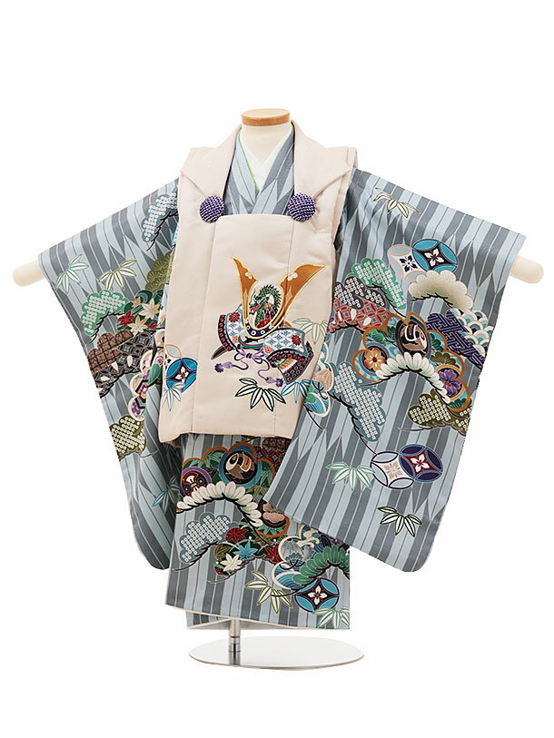 被布 レンタル 男児 七五三 被布 着物 レンタル 七五三 W089ベージュ兜xグレー矢羽根吉祥文様 3歳男の子 七五三 男児 着物 3歳 子供 きもの 被布 ...