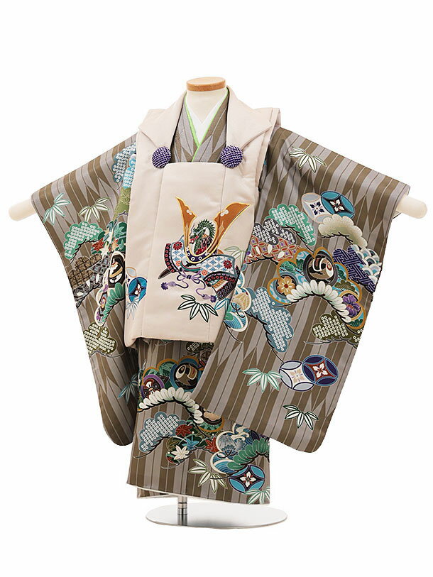 被布 レンタル 男児 七五三 被布 着物 レンタル 七五三 W091ベージュ兜xグレーブラウン矢羽根吉祥文様 3歳男の子 七五三 男児 着物 3歳 子供 きもの...