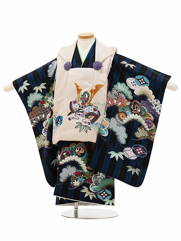 被布 レンタル 男児 七五三 被布 着物 レンタル 七五三 W092ベージュ兜x黒ブルー矢羽根吉祥文様 3歳男の子 七五三 男児 着物 3歳 子供 きもの 被布...