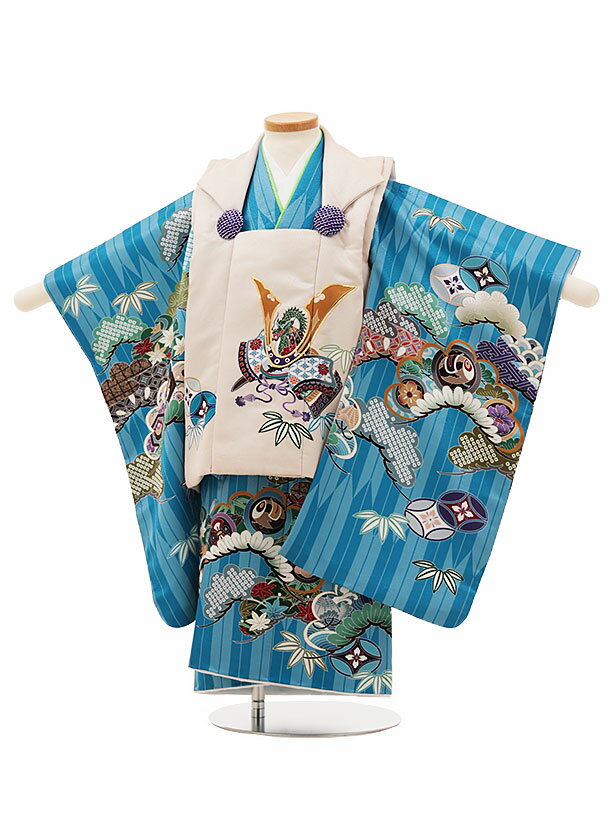 被布 レンタル 男児 七五三 被布 着物 レンタル 七五三 W093ベージュ兜xブルー矢羽根吉祥文様 3歳男の子 七五三 男児 着物 3歳 子供 きもの 被布 ...