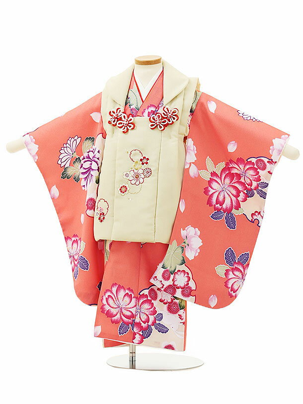 七五三 着物 3歳 レンタル 七五三 3歳 被布 セット 4304ベージュ刺繍雪輪xサーモンピンク花 女の子 七五三レンタル 3歳 女児 被布 七五三 三歳女児...