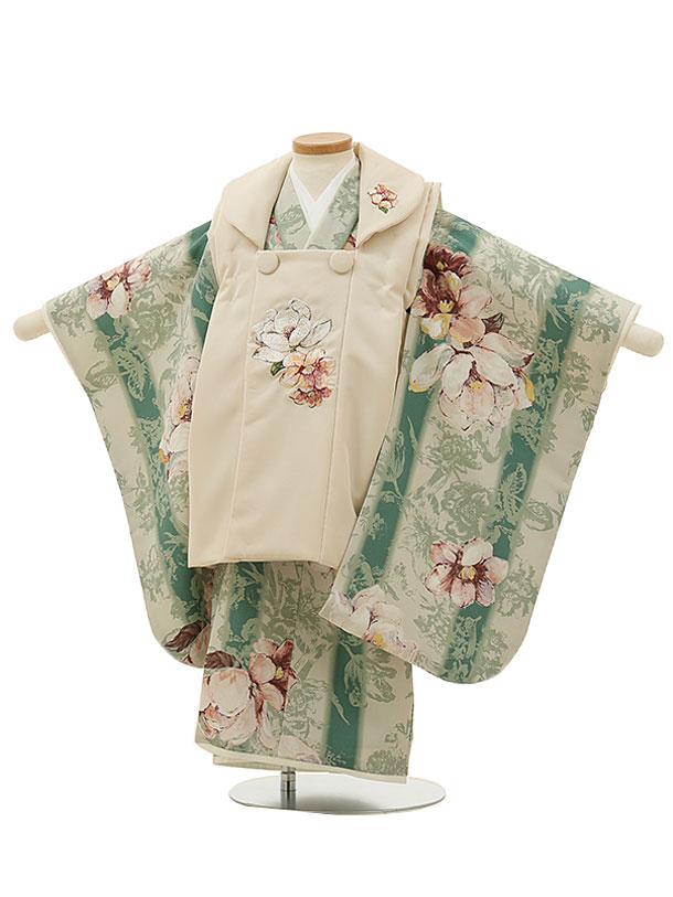 七五三 着物 3歳 レンタル 七五三 3歳 被布 セット 4371SUGARKEIライトベージュxグリーン木蓮 ブランド 女の子 七五三レンタル 3歳 女児 被...