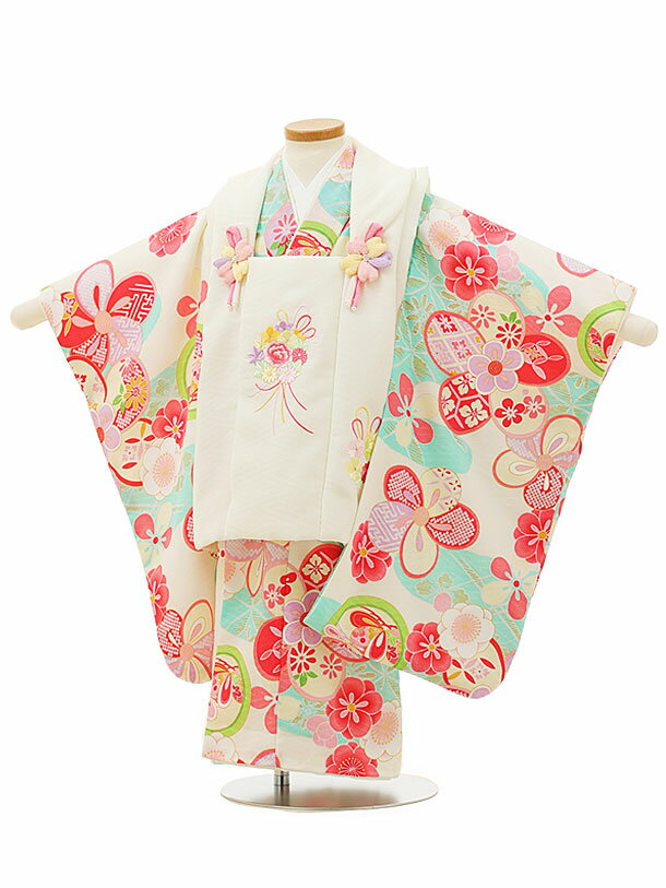 七五三 着物 3歳 レンタル 七五三 3歳 被布 セット 4374白刺繍薬玉xクリーム水色梅 女の子 七五三レンタル 3歳 女児 被布 七五三 三歳女児 被布コ...