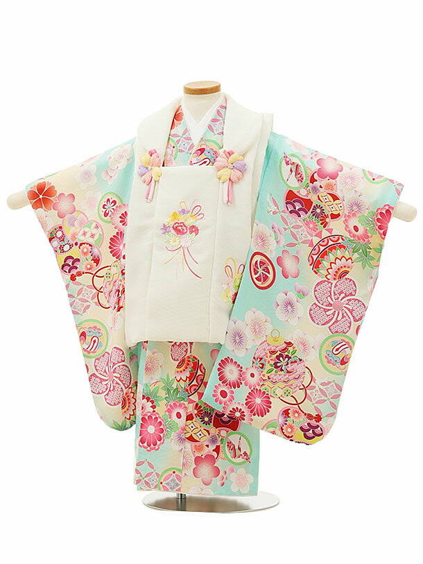 七五三 着物 3歳 レンタル 七五三 3歳 被布 セット 4378白刺繍薬玉xミントグリーン鞠梅 女の子 七五三レンタル 3歳 女児 被布 七五三 三歳女児 被...