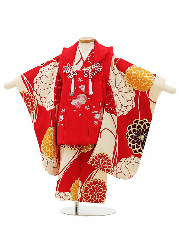 Kimono Set （Girls） - 七五三 着物 3歳 レンタル 七五三 3歳 被布 セット 4395赤刺繍桜鞠x赤クリーム菊 女の子 七五三レンタル 3歳 女児 被布 七五三 三歳女児 被布コート 子供 お祝い着 正月 3歳 3才 きものレンタル 新品足袋プレゼント 往復送料無料【レンタル】